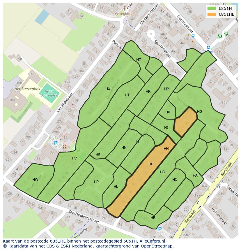 Afbeelding van het postcodegebied 6851 HE op de kaart.