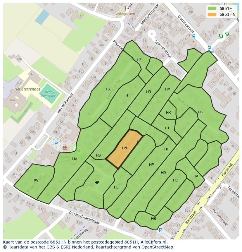 Afbeelding van het postcodegebied 6851 HN op de kaart.