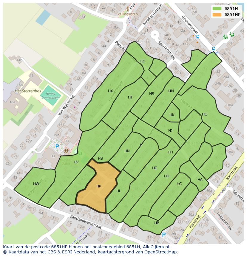 Afbeelding van het postcodegebied 6851 HP op de kaart.