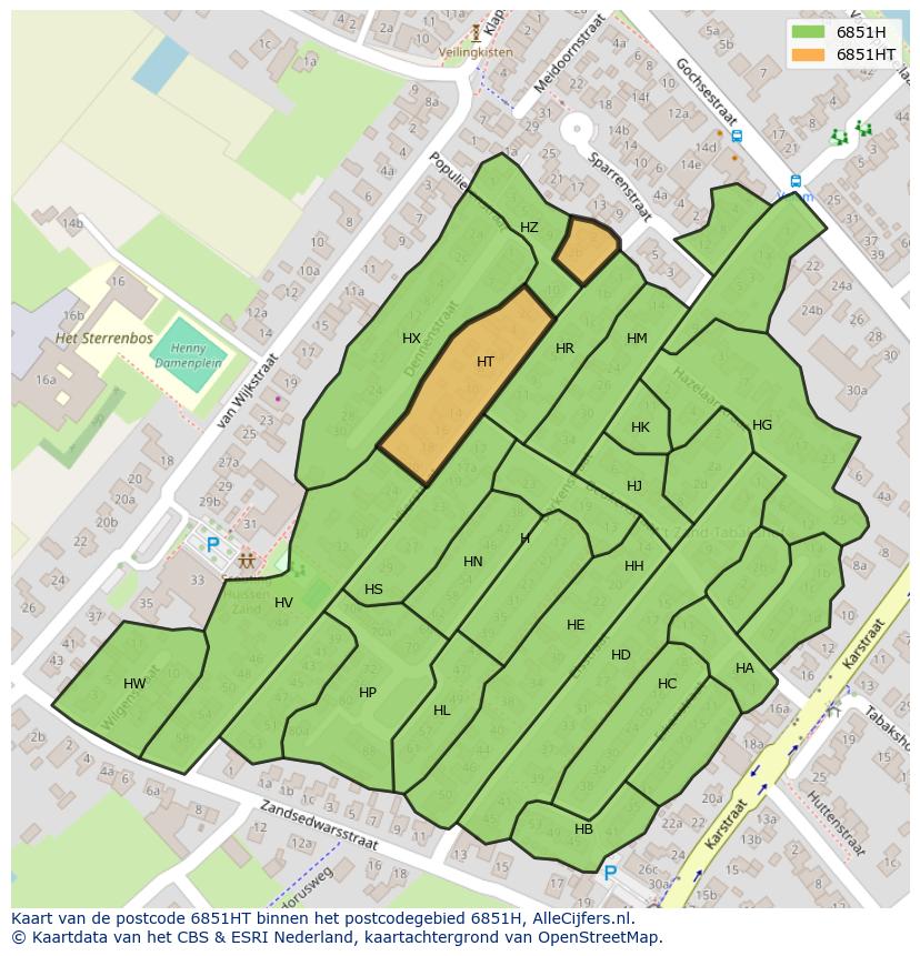 Afbeelding van het postcodegebied 6851 HT op de kaart.