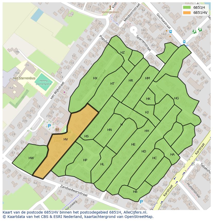 Afbeelding van het postcodegebied 6851 HV op de kaart.