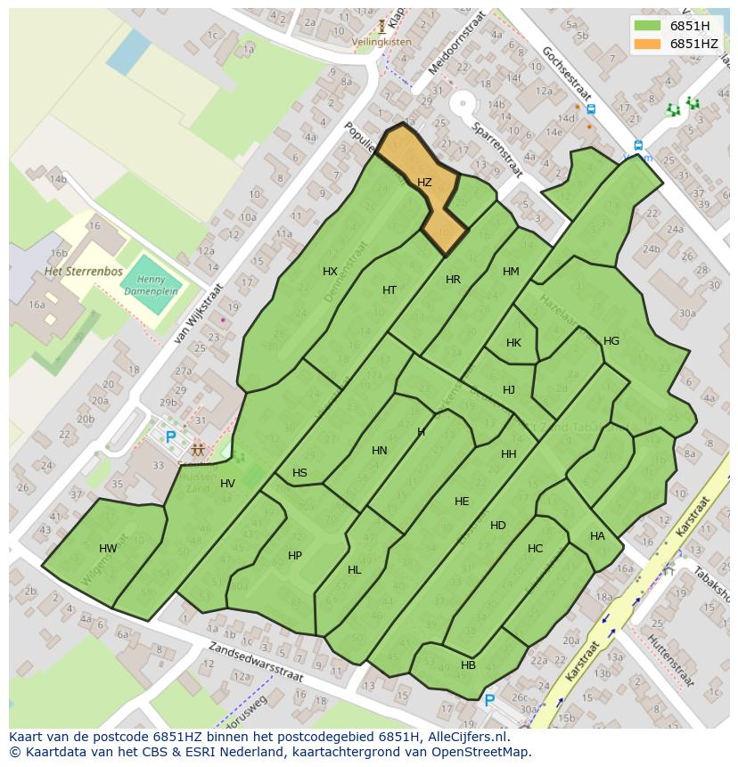 Afbeelding van het postcodegebied 6851 HZ op de kaart.