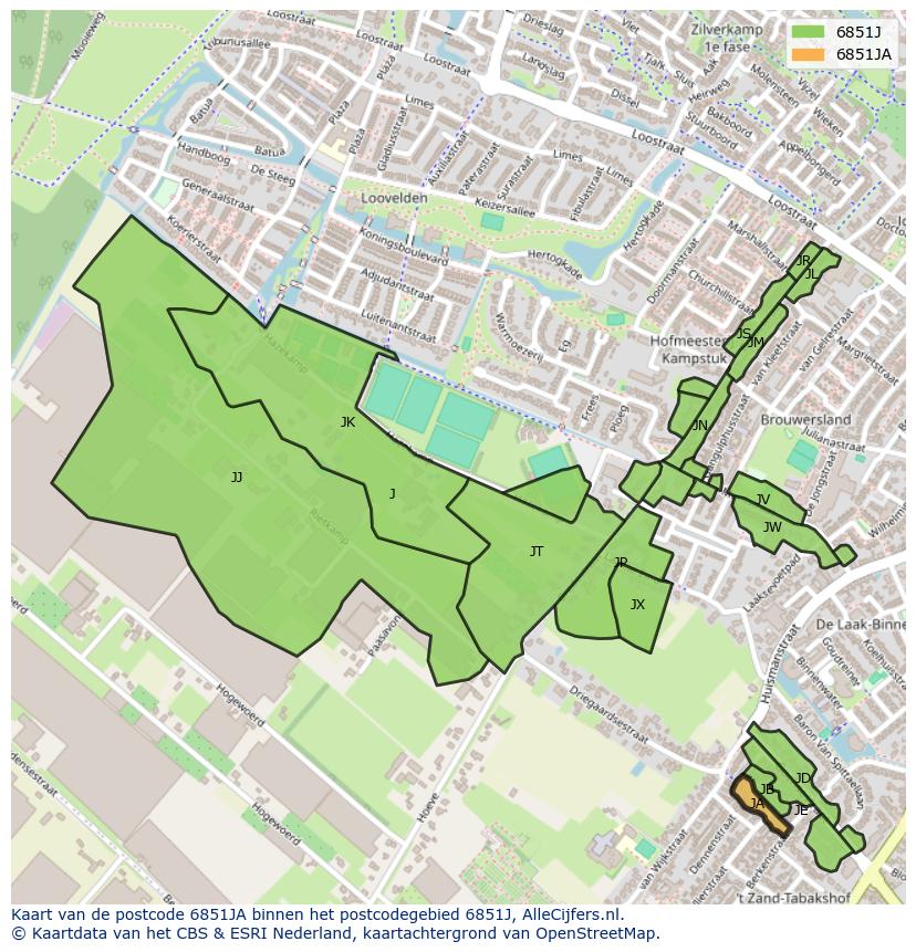 Afbeelding van het postcodegebied 6851 JA op de kaart.
