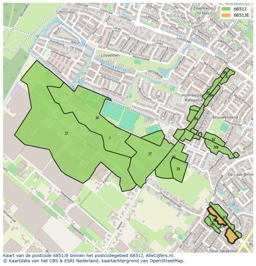 Afbeelding van het postcodegebied 6851 JE op de kaart.