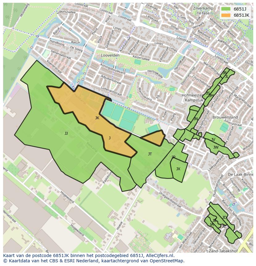 Afbeelding van het postcodegebied 6851 JK op de kaart.