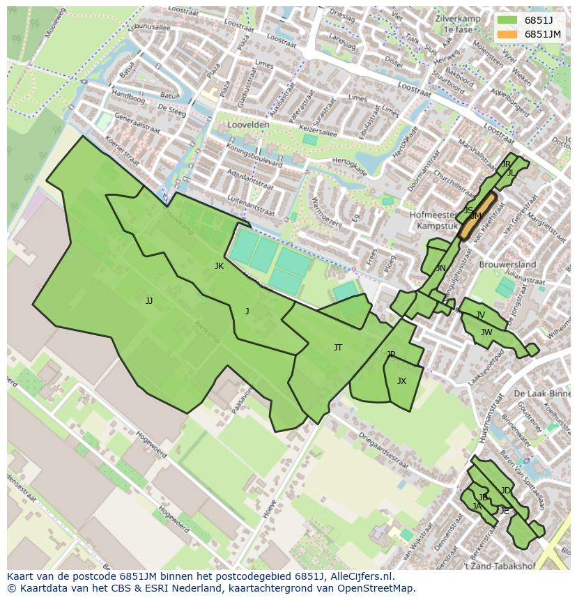 Afbeelding van het postcodegebied 6851 JM op de kaart.