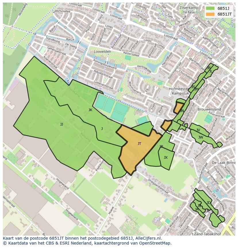 Afbeelding van het postcodegebied 6851 JT op de kaart.