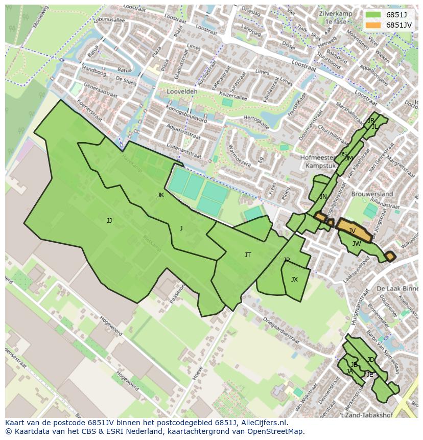 Afbeelding van het postcodegebied 6851 JV op de kaart.