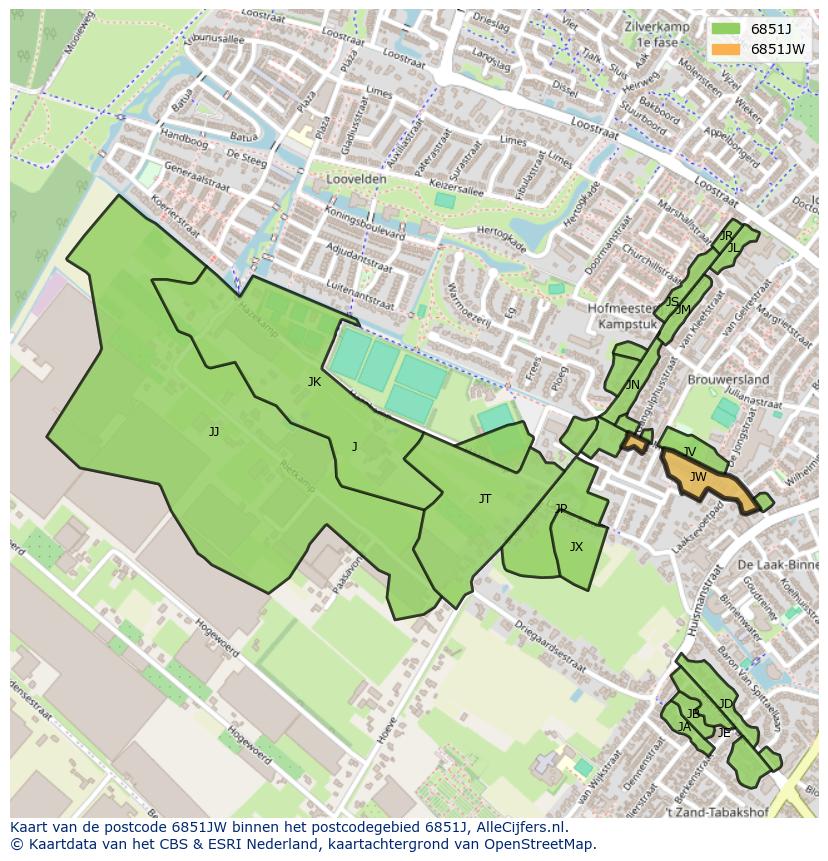 Afbeelding van het postcodegebied 6851 JW op de kaart.