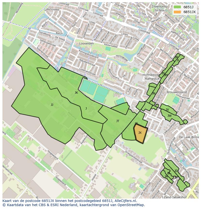 Afbeelding van het postcodegebied 6851 JX op de kaart.