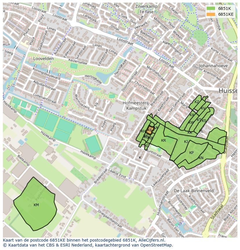 Afbeelding van het postcodegebied 6851 KE op de kaart.