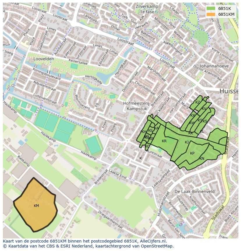 Afbeelding van het postcodegebied 6851 KM op de kaart.