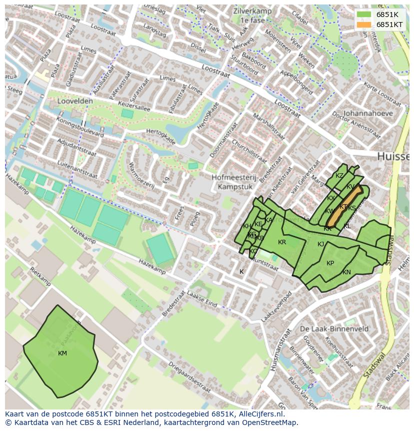 Afbeelding van het postcodegebied 6851 KT op de kaart.