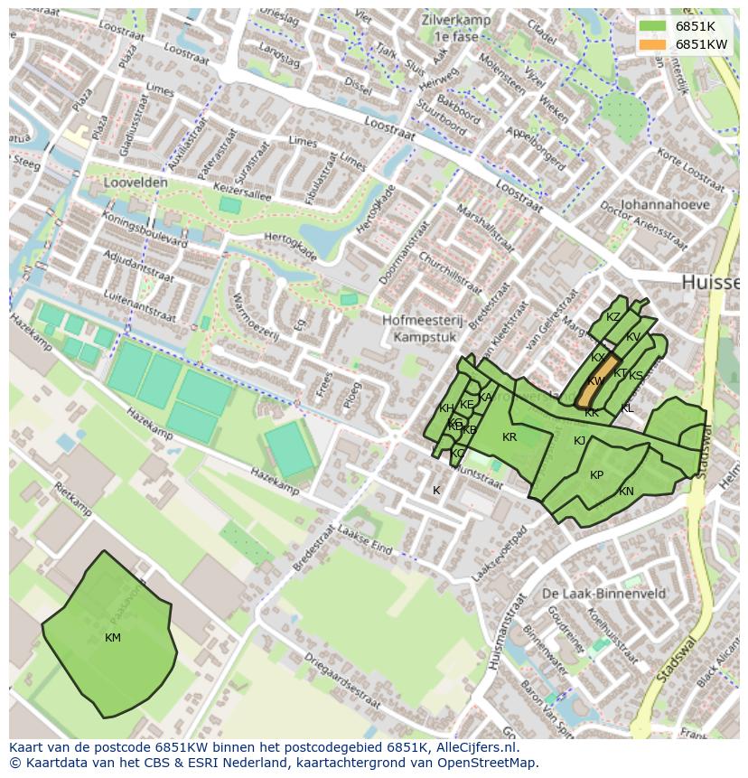 Afbeelding van het postcodegebied 6851 KW op de kaart.