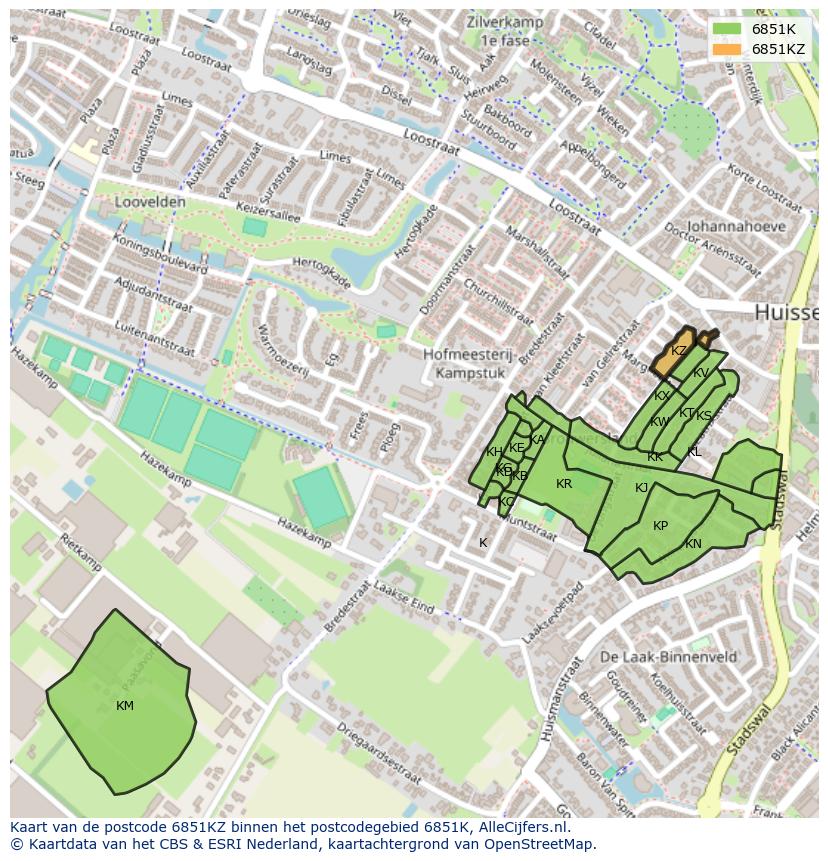 Afbeelding van het postcodegebied 6851 KZ op de kaart.