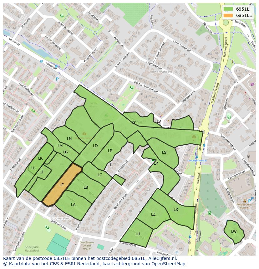 Afbeelding van het postcodegebied 6851 LE op de kaart.