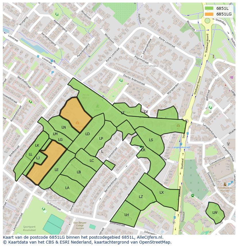Afbeelding van het postcodegebied 6851 LG op de kaart.