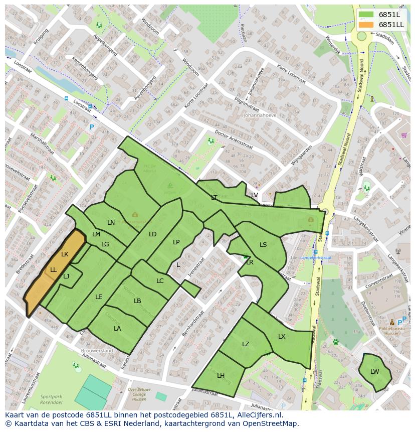 Afbeelding van het postcodegebied 6851 LL op de kaart.