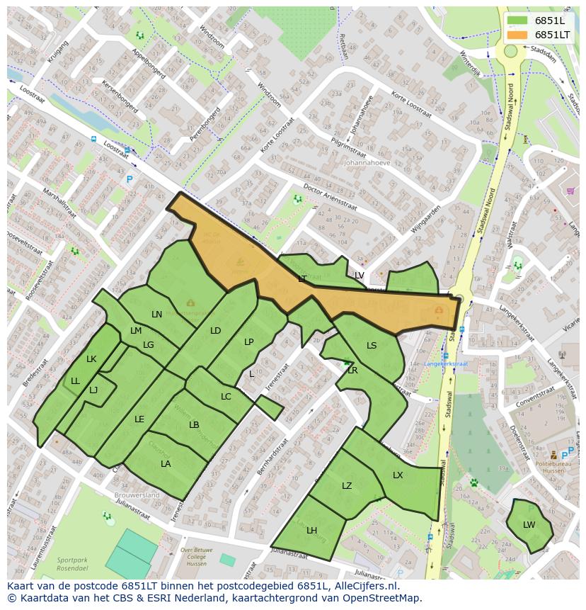 Afbeelding van het postcodegebied 6851 LT op de kaart.
