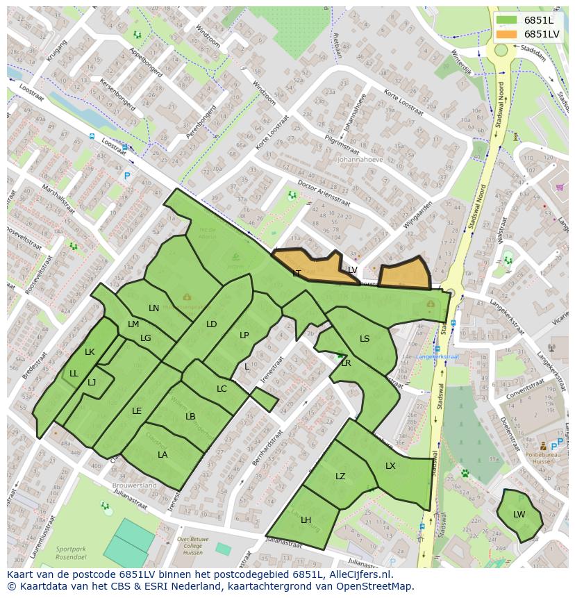 Afbeelding van het postcodegebied 6851 LV op de kaart.
