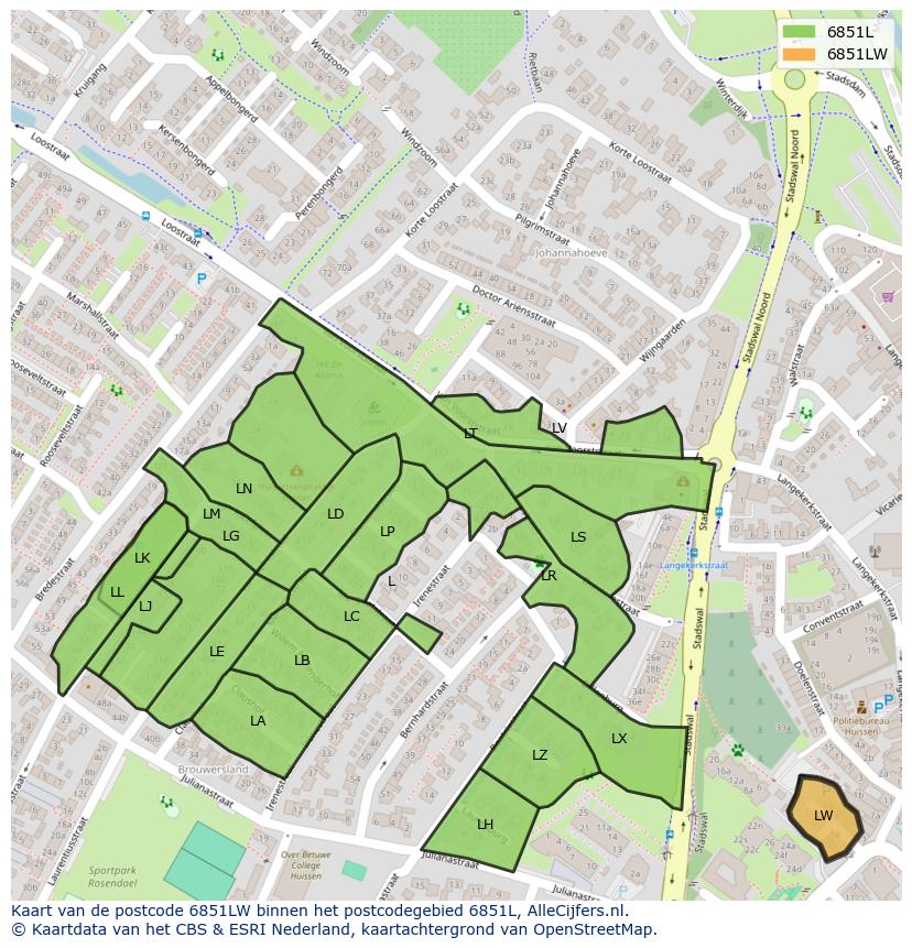 Afbeelding van het postcodegebied 6851 LW op de kaart.