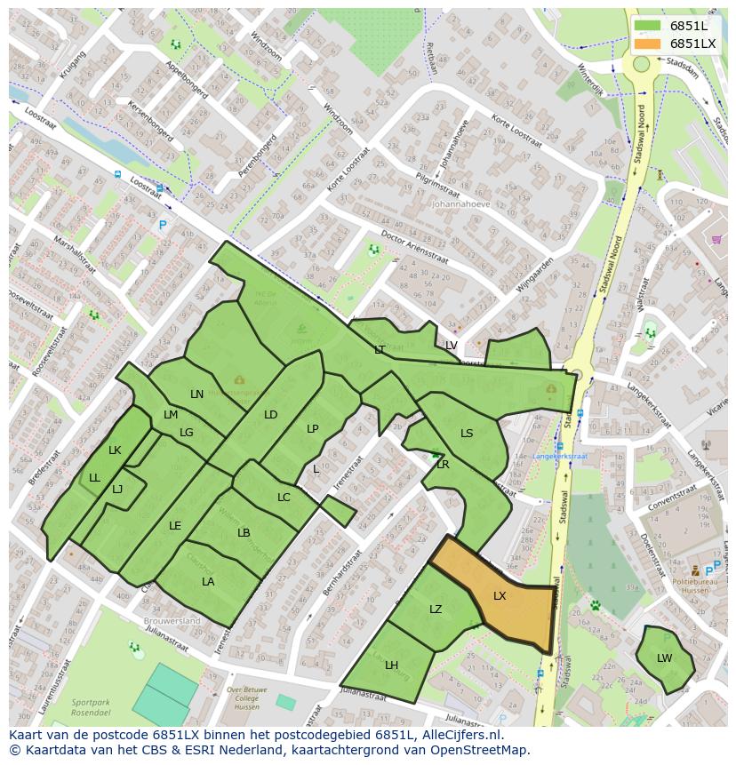 Afbeelding van het postcodegebied 6851 LX op de kaart.