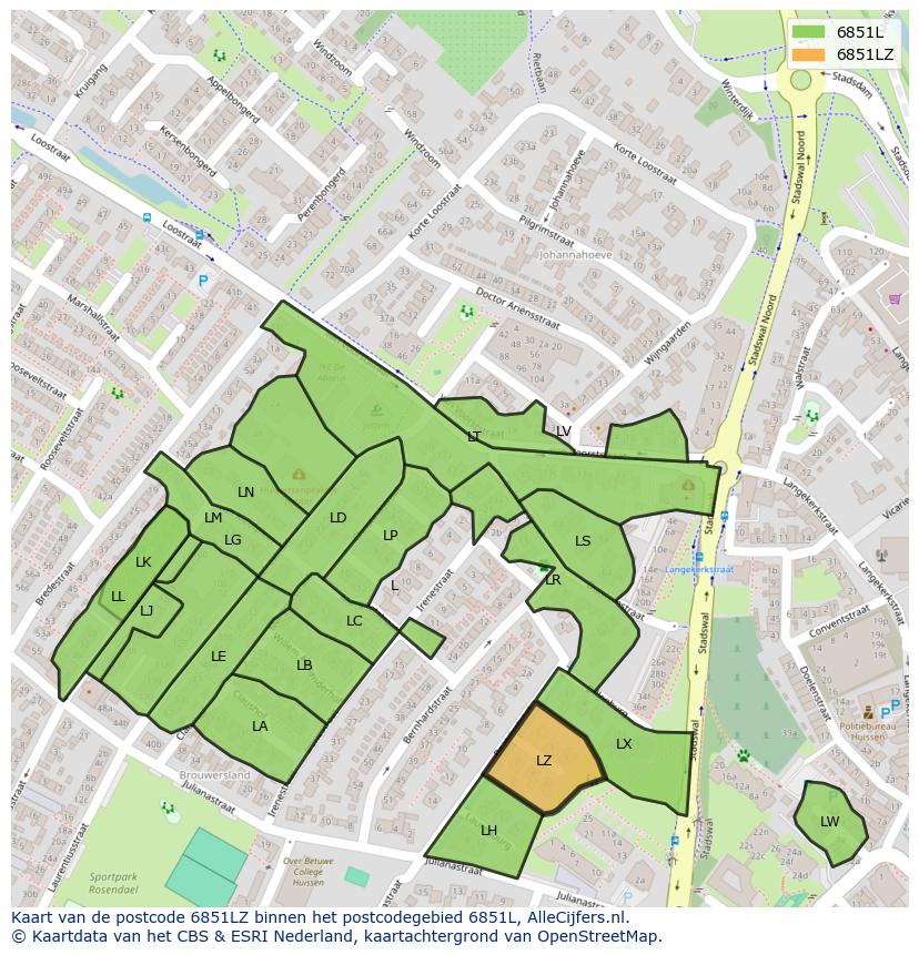 Afbeelding van het postcodegebied 6851 LZ op de kaart.