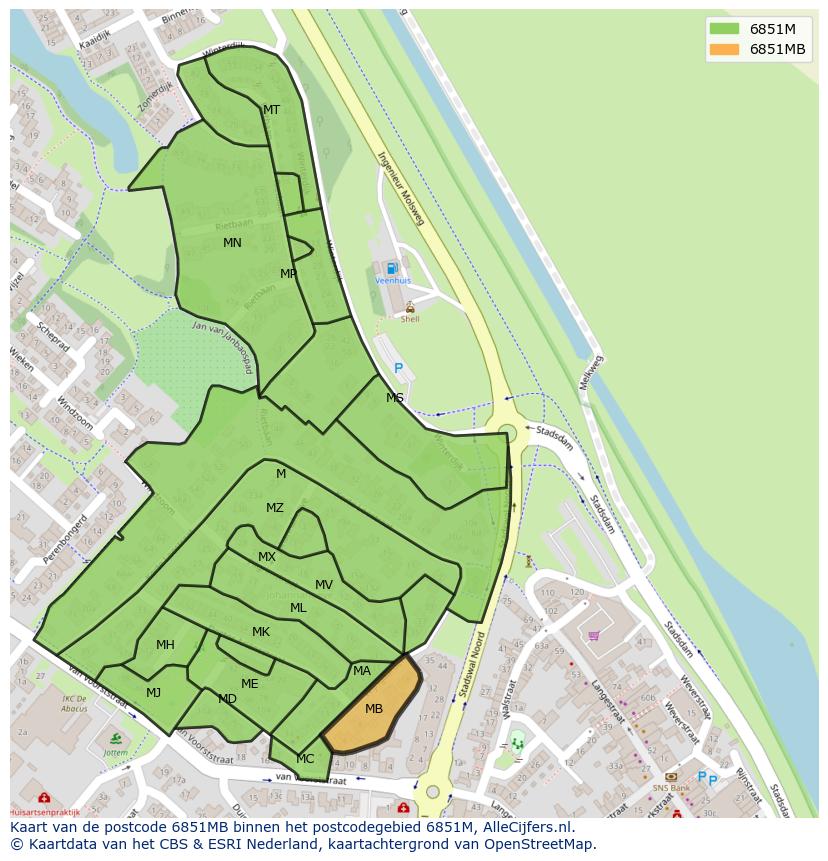 Afbeelding van het postcodegebied 6851 MB op de kaart.