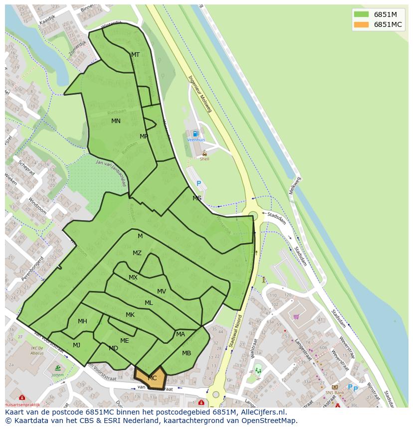 Afbeelding van het postcodegebied 6851 MC op de kaart.