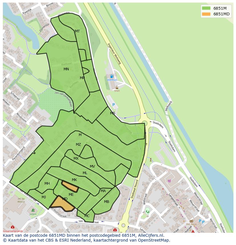 Afbeelding van het postcodegebied 6851 MD op de kaart.