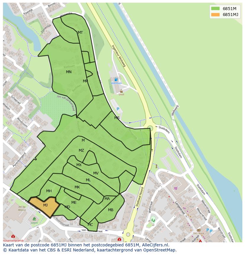 Afbeelding van het postcodegebied 6851 MJ op de kaart.