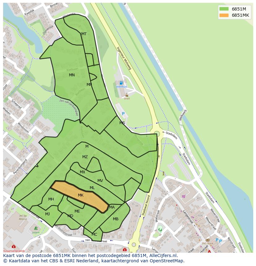 Afbeelding van het postcodegebied 6851 MK op de kaart.