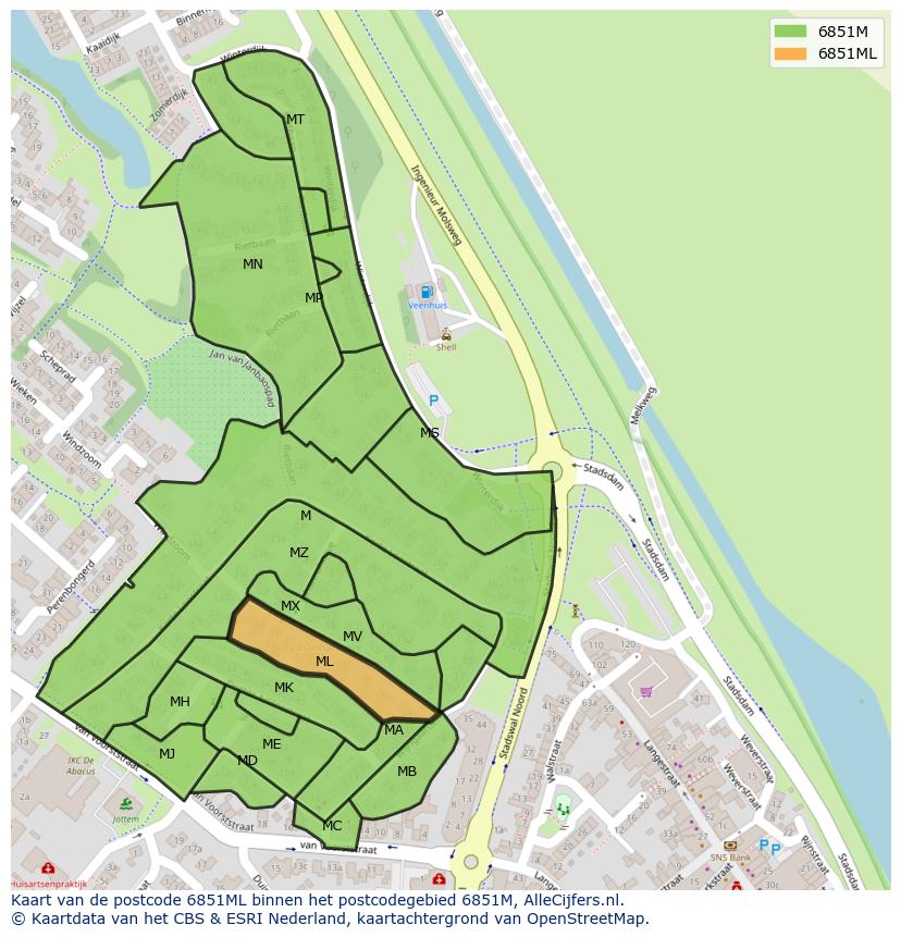 Afbeelding van het postcodegebied 6851 ML op de kaart.