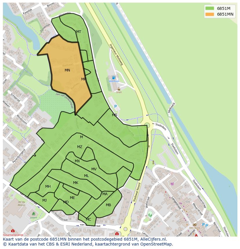 Afbeelding van het postcodegebied 6851 MN op de kaart.