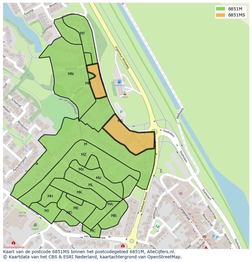 Afbeelding van het postcodegebied 6851 MS op de kaart.