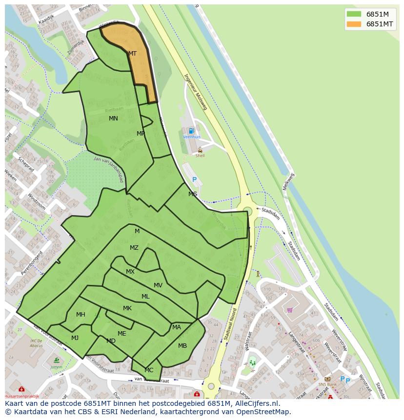 Afbeelding van het postcodegebied 6851 MT op de kaart.