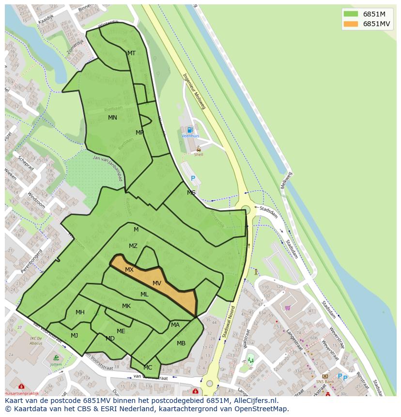 Afbeelding van het postcodegebied 6851 MV op de kaart.