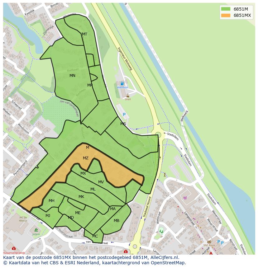 Afbeelding van het postcodegebied 6851 MX op de kaart.