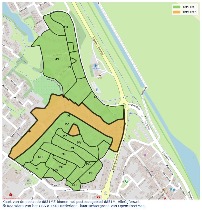 Afbeelding van het postcodegebied 6851 MZ op de kaart.