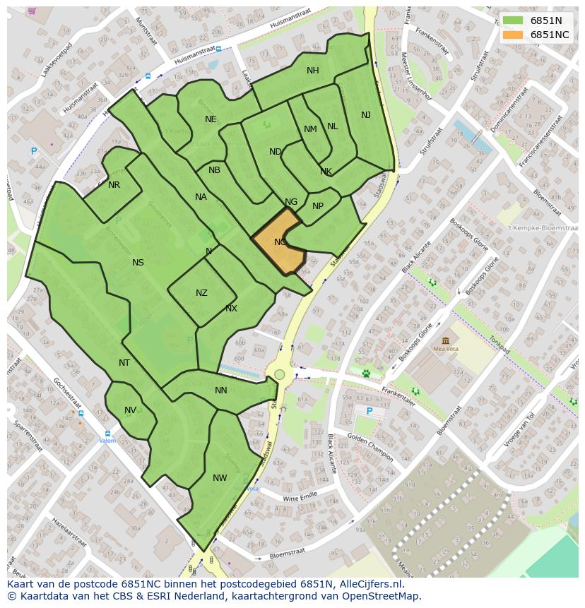 Afbeelding van het postcodegebied 6851 NC op de kaart.