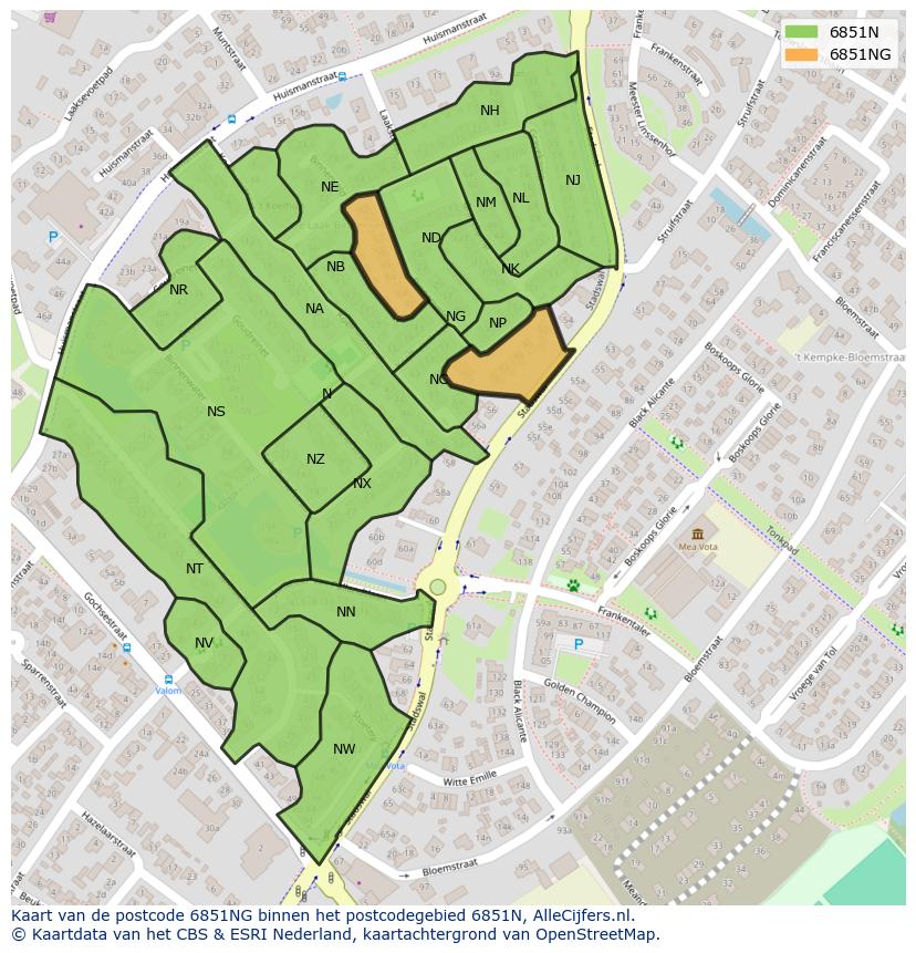 Afbeelding van het postcodegebied 6851 NG op de kaart.