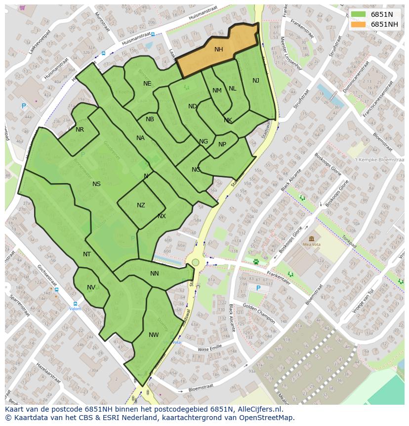 Afbeelding van het postcodegebied 6851 NH op de kaart.