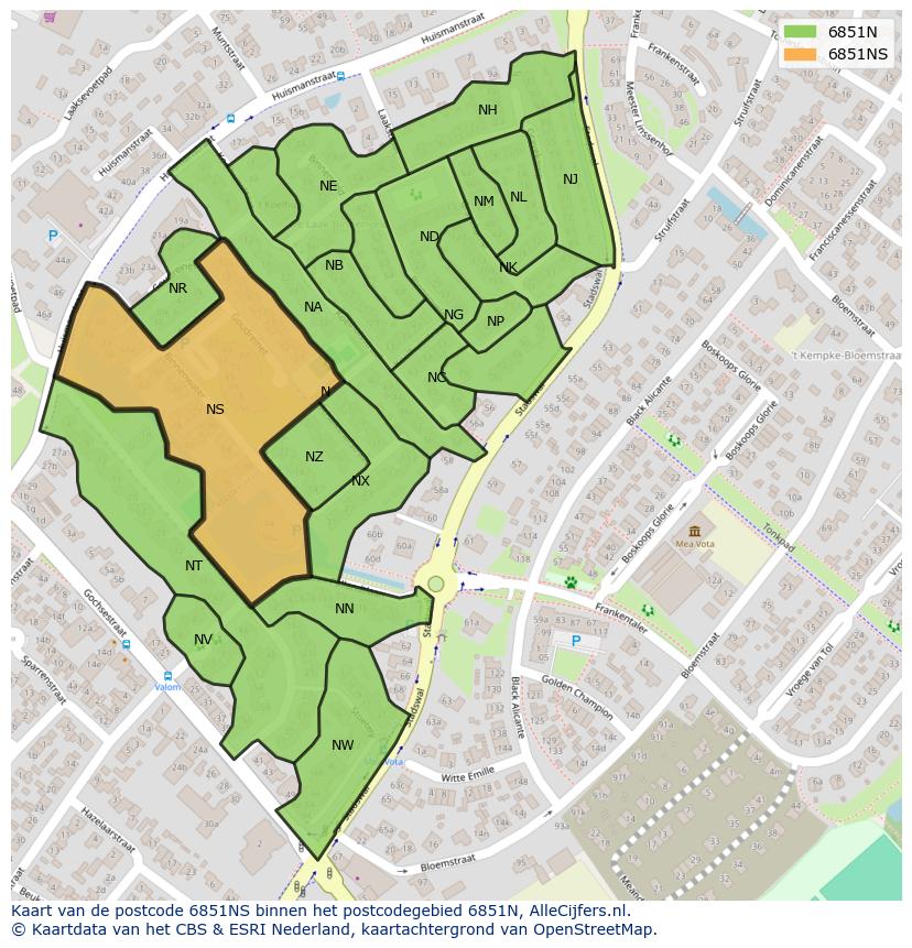 Afbeelding van het postcodegebied 6851 NS op de kaart.