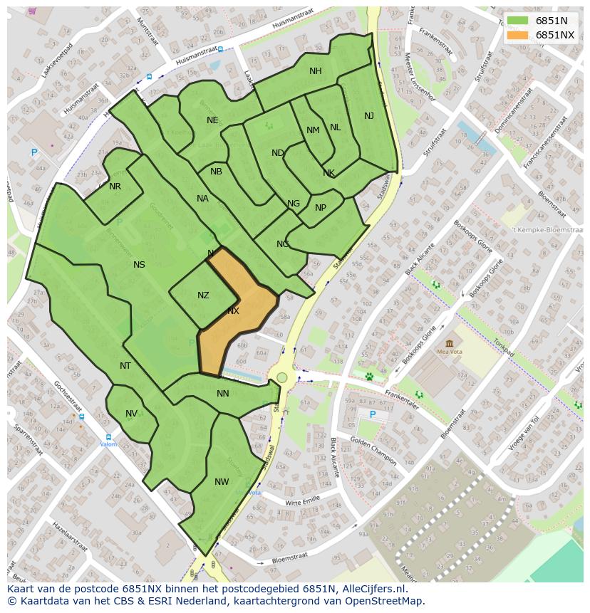 Afbeelding van het postcodegebied 6851 NX op de kaart.