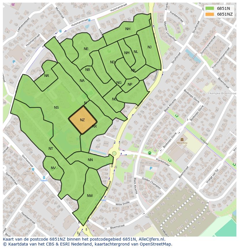 Afbeelding van het postcodegebied 6851 NZ op de kaart.