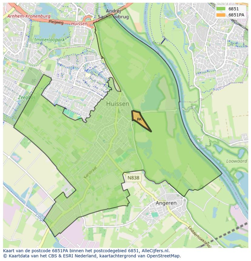 Afbeelding van het postcodegebied 6851 PA op de kaart.
