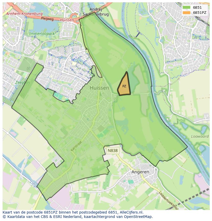 Afbeelding van het postcodegebied 6851 PZ op de kaart.