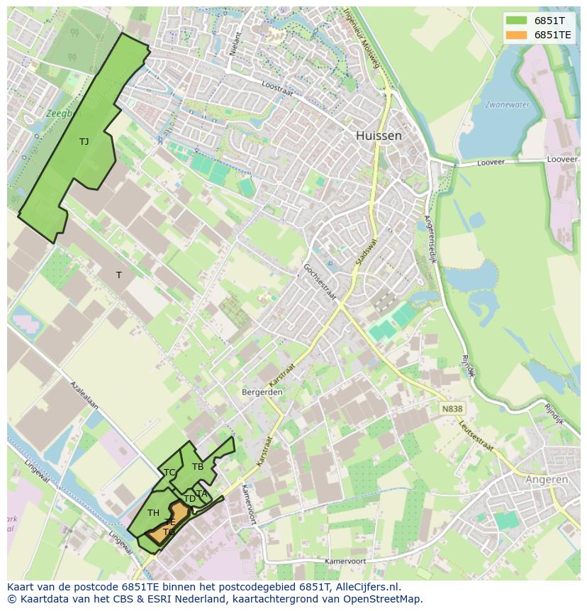 Afbeelding van het postcodegebied 6851 TE op de kaart.