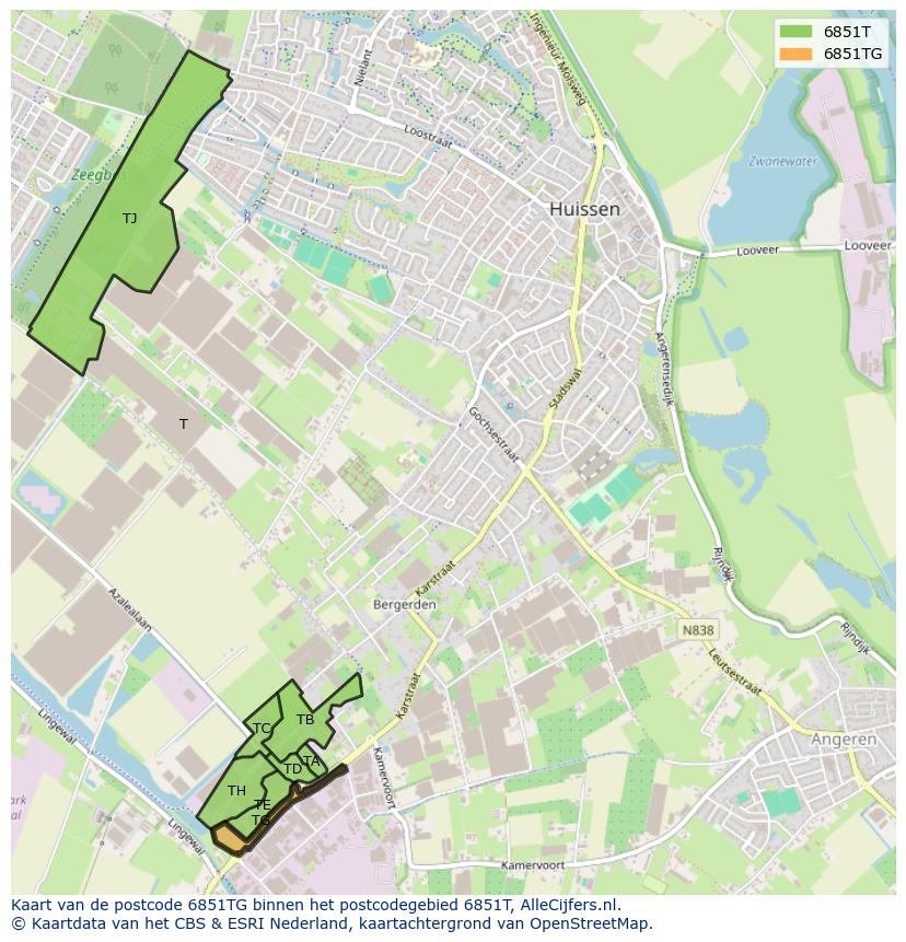 Afbeelding van het postcodegebied 6851 TG op de kaart.