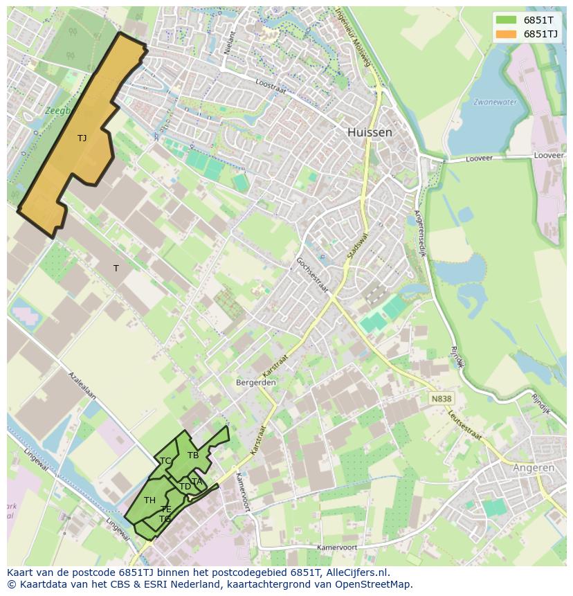Afbeelding van het postcodegebied 6851 TJ op de kaart.